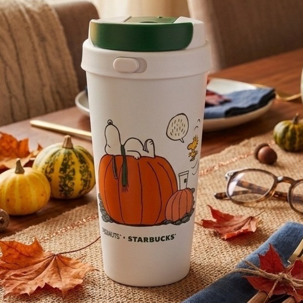 Starbucks Peanuts Snoopy Great Pumpkin Fall Tumbler 16oz White Green Lid NEW